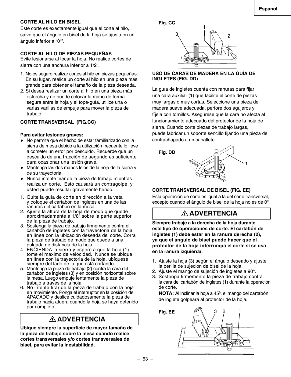 Advertencia | Hitachi C 10RA3 User Manual | Page 63 / 72