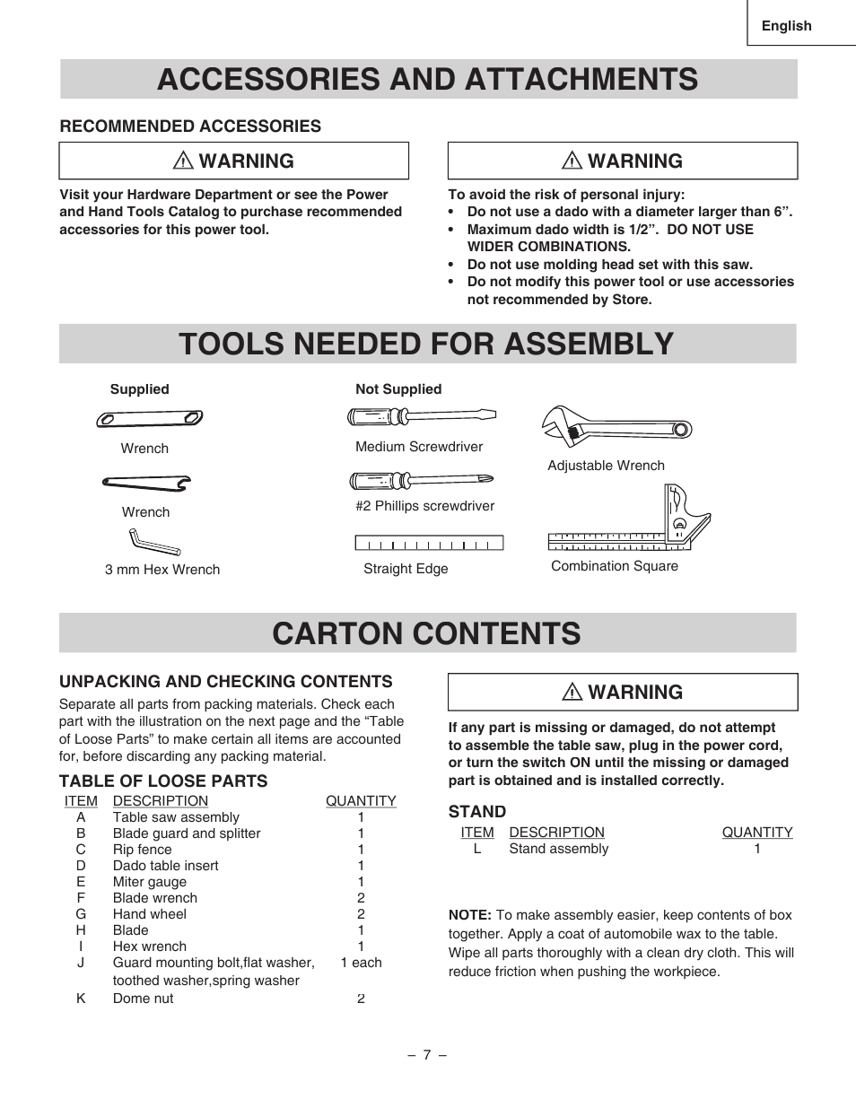 Accessories and attachments, Tools needed for assembly carton contents, Warning | Hitachi C 10RA3 User Manual | Page 7 / 72