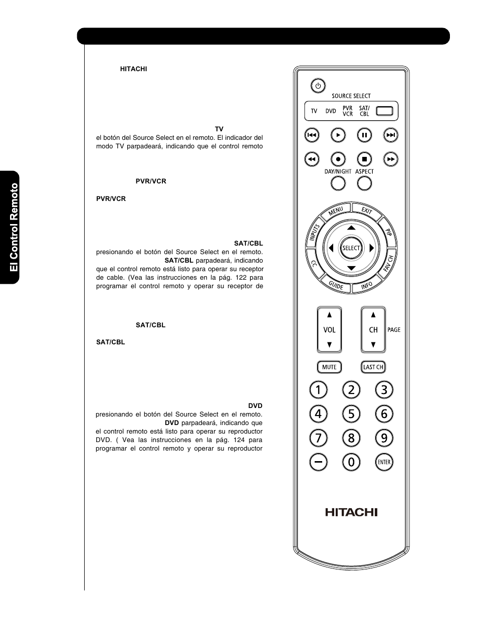 El control remoto | Hitachi P50V701 User Manual | Page 112 / 186