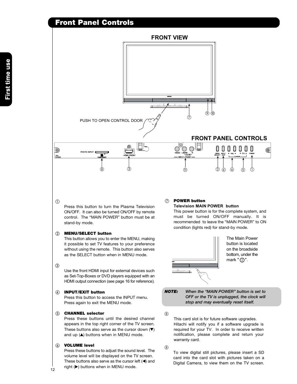 Front panel controls, Front view | Hitachi P50V701 User Manual | Page 12 / 186