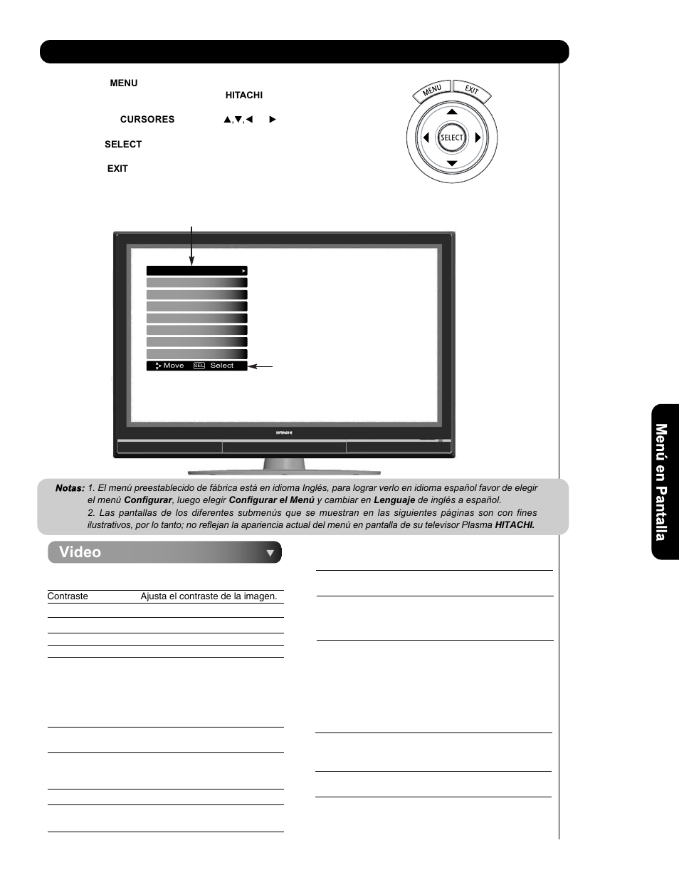 Men ú en pantalla, Video | Hitachi P50V701 User Manual | Page 129 / 186