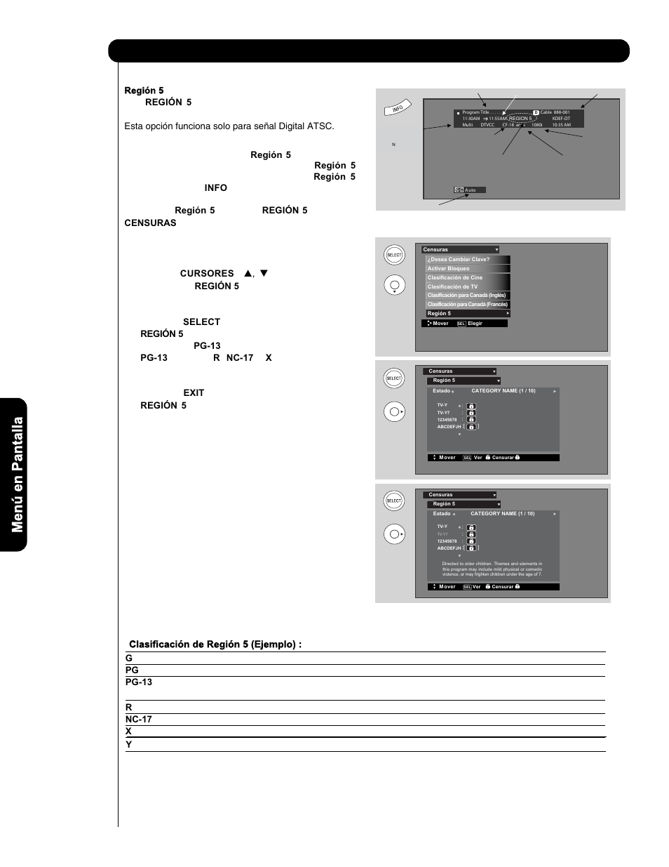 Censuras, Clasificación de región 5 (ejemplo) | Hitachi P50V701 User Manual | Page 148 / 186