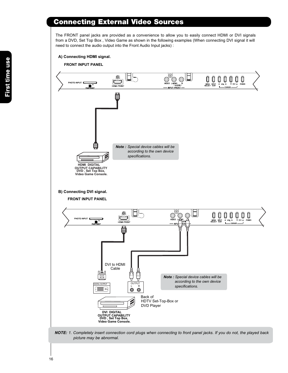Connecting external video sources | Hitachi P50V701 User Manual | Page 16 / 186