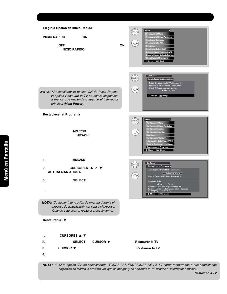 Configurar, Men ú en p an ta lla | Hitachi P50V701 User Manual | Page 164 / 186