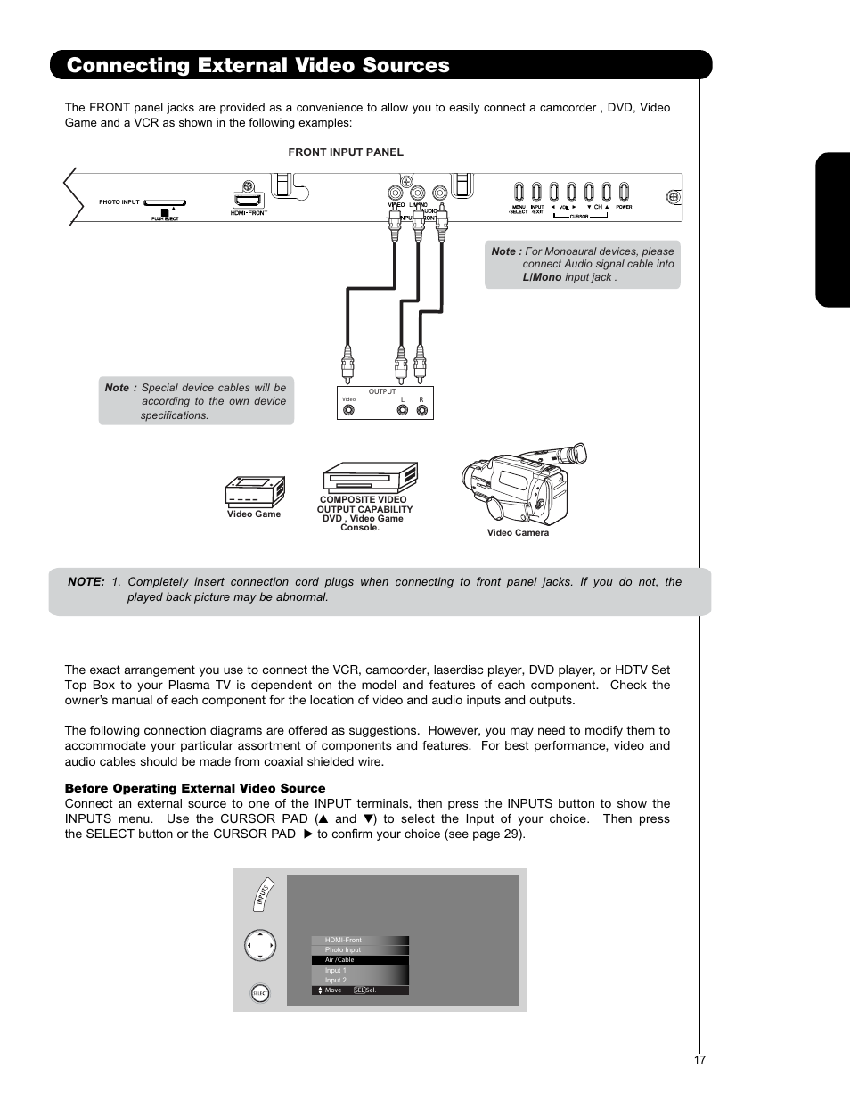 Connecting external video sources | Hitachi P50V701 User Manual | Page 17 / 186