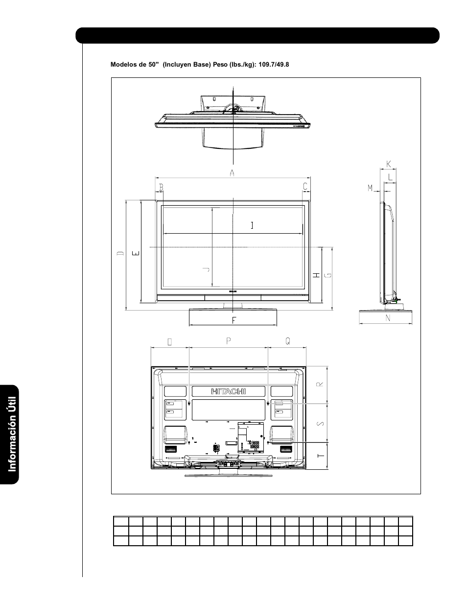 Dimensiones | Hitachi P50V701 User Manual | Page 170 / 186