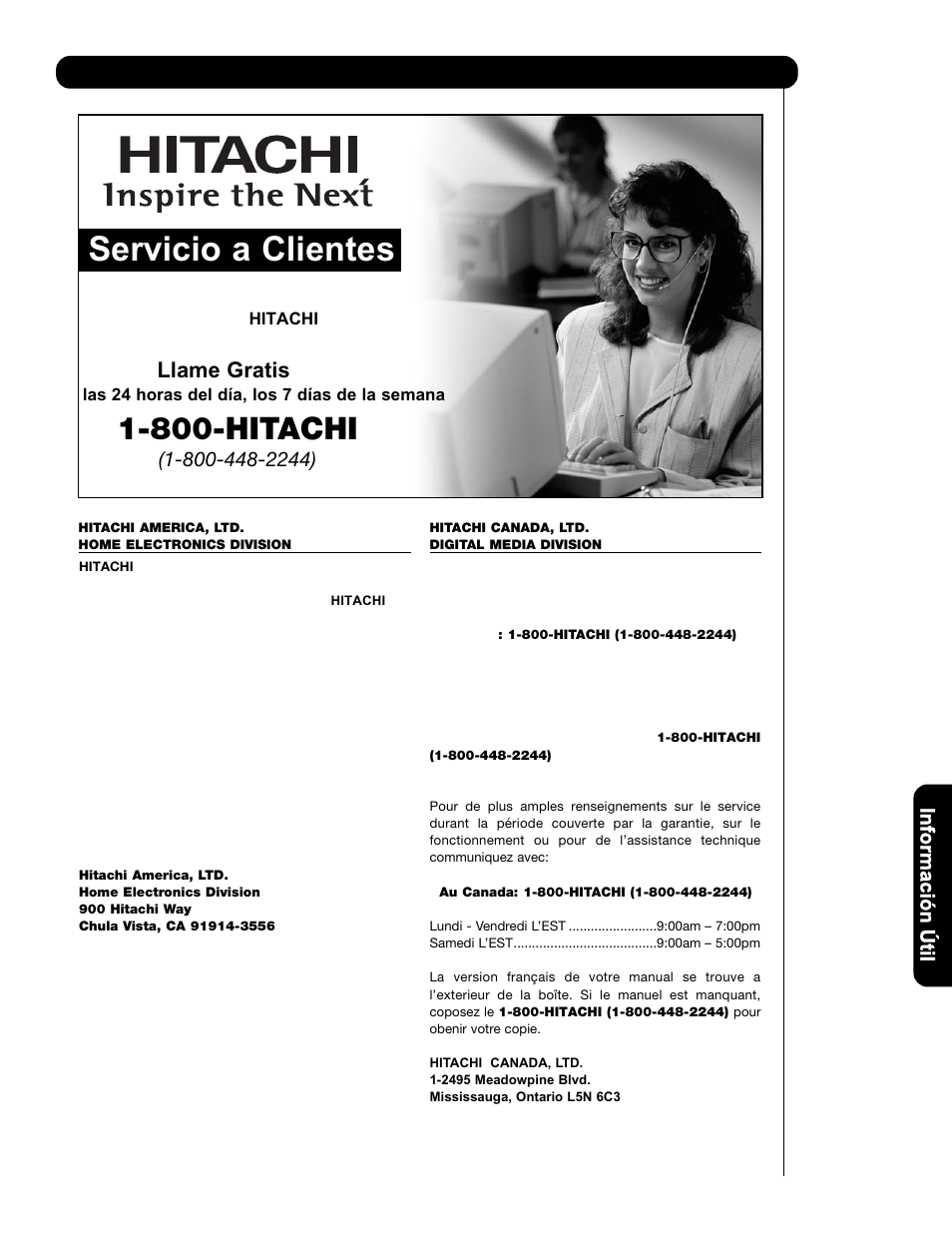 Servicio a clientes, 800-hitachi, Hitachi | Llame gratis | Hitachi P50V701 User Manual | Page 171 / 186