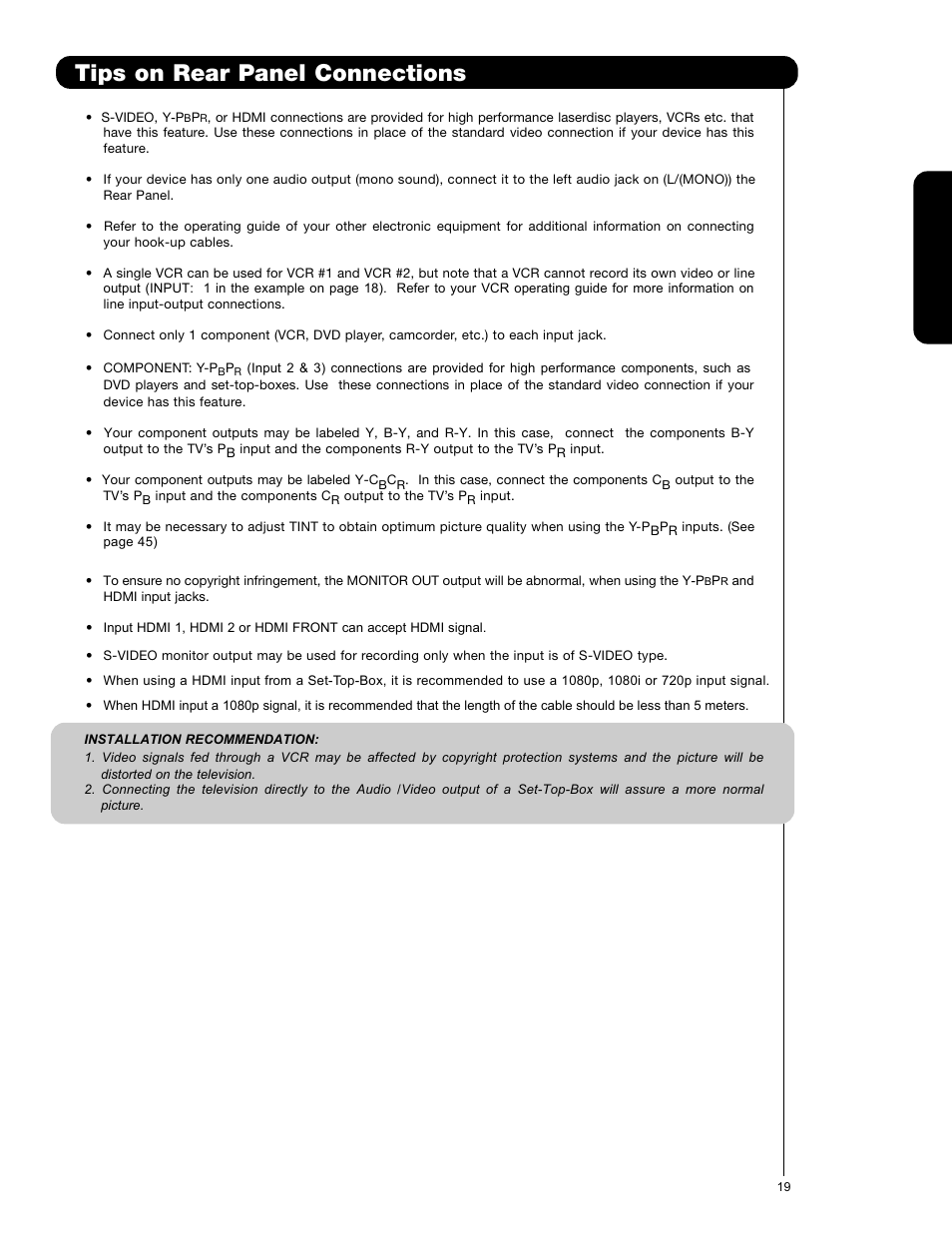 Tips on rear panel connections | Hitachi P50V701 User Manual | Page 19 / 186