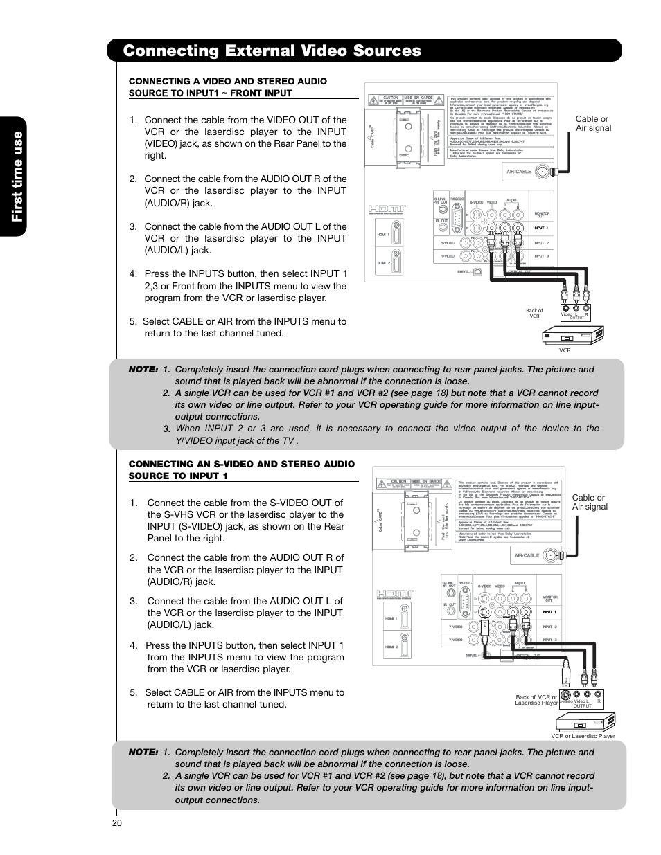 Connecting external video sources | Hitachi P50V701 User Manual | Page 20 / 186