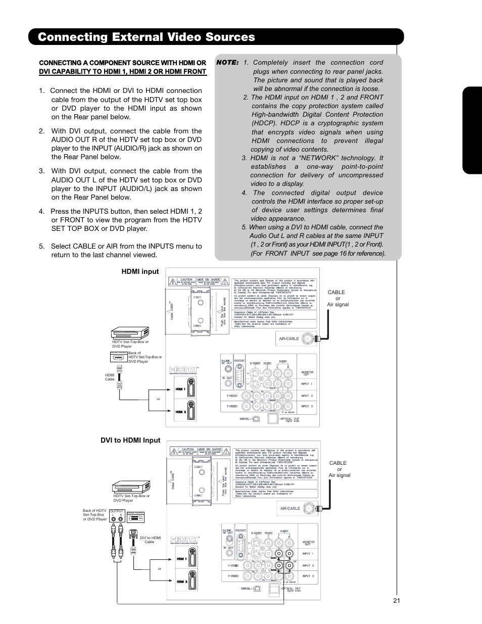 Connecting external video sources | Hitachi P50V701 User Manual | Page 21 / 186