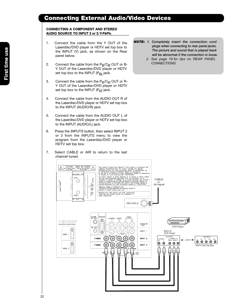 Connecting external audio/video devices | Hitachi P50V701 User Manual | Page 22 / 186