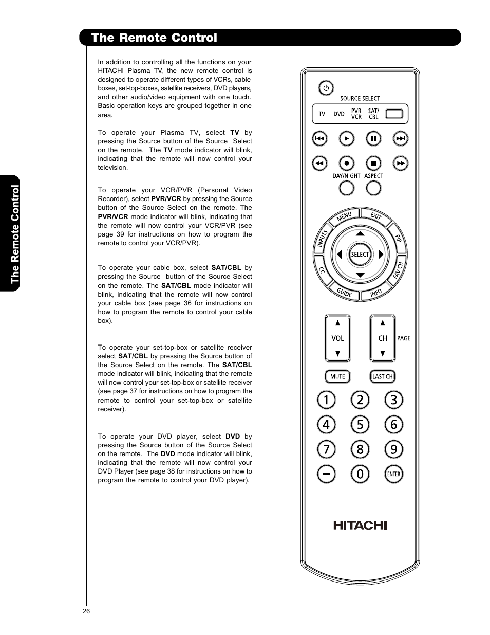 The remote control -42, The remote control | Hitachi P50V701 User Manual | Page 26 / 186