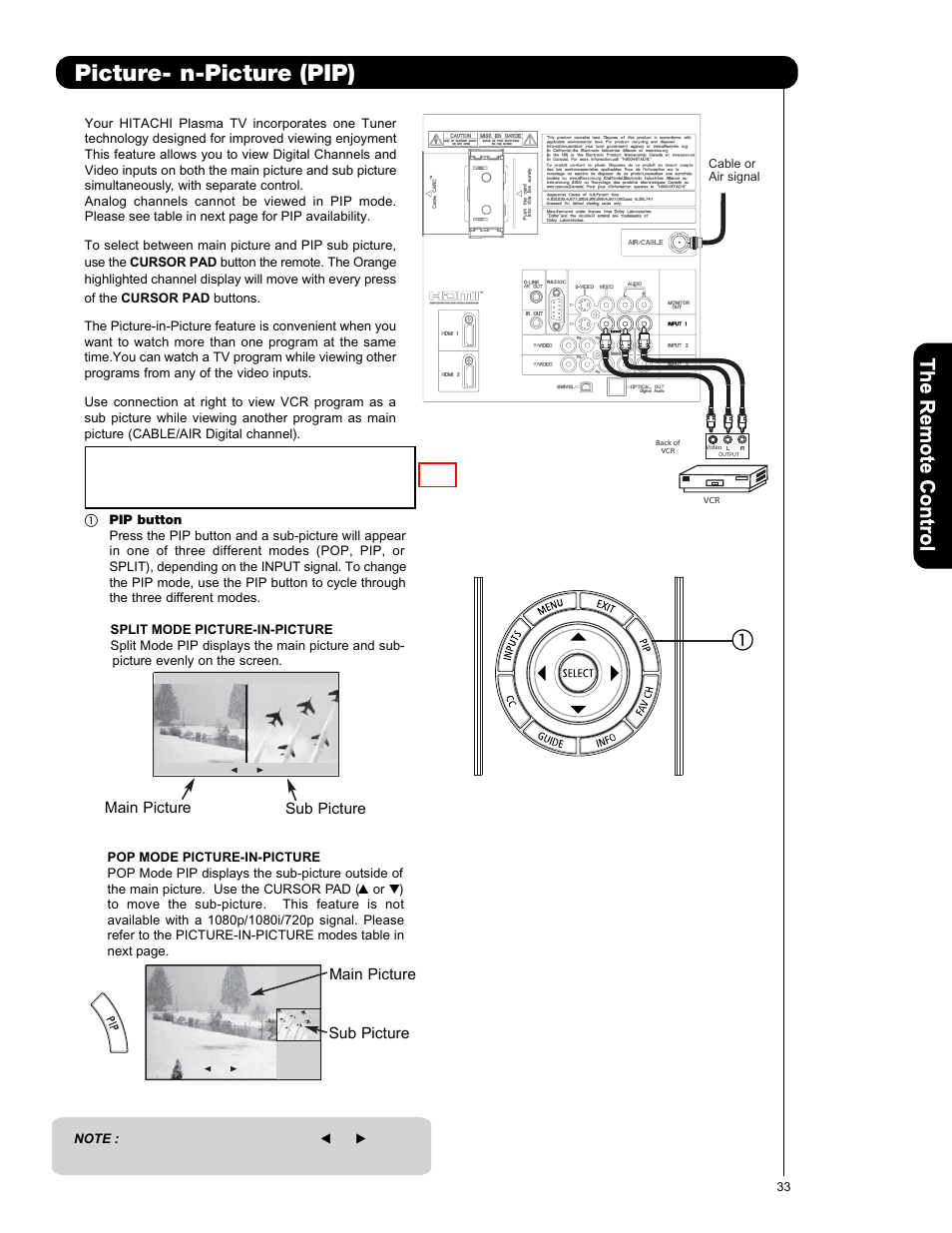 Picture- i n-picture (pip) | Hitachi P50V701 User Manual | Page 33 / 186