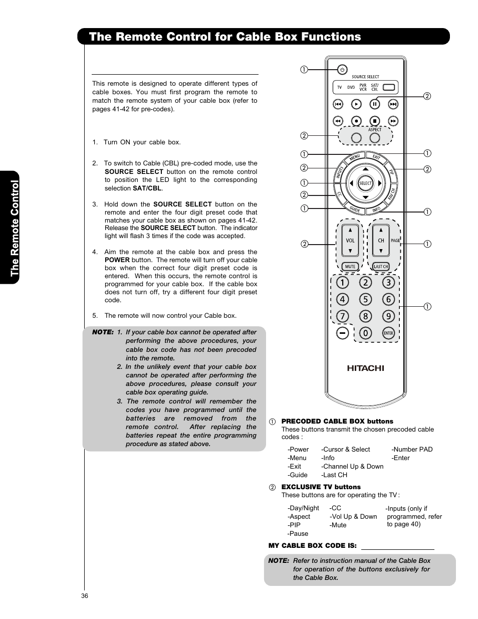 The remote control for cable box functions | Hitachi P50V701 User Manual | Page 36 / 186