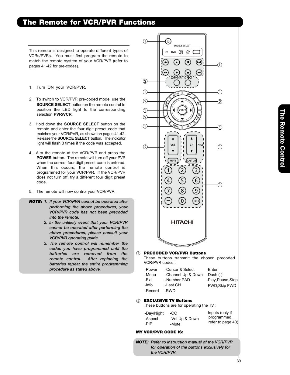 The remote for vcr/pvr functions | Hitachi P50V701 User Manual | Page 39 / 186