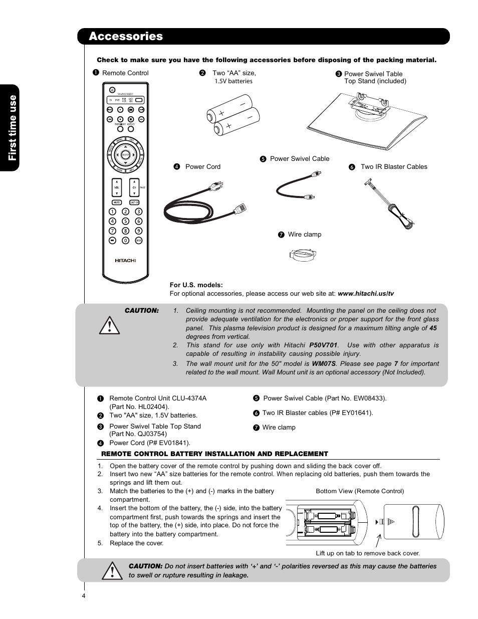 First time use -25, Accessories | Hitachi P50V701 User Manual | Page 4 / 186