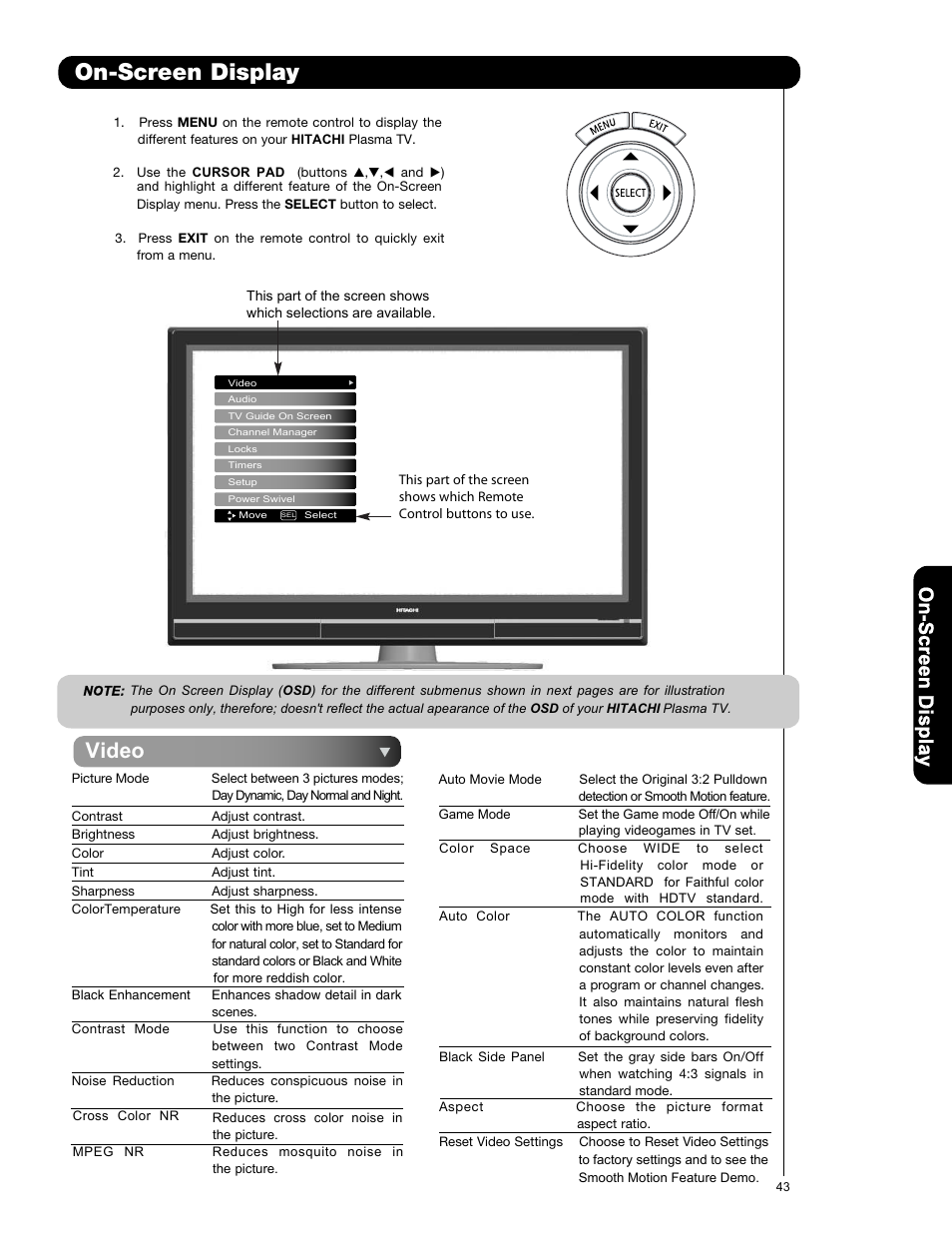 On-screen display -79, On-screen display, Video | Hitachi P50V701 User Manual | Page 43 / 186