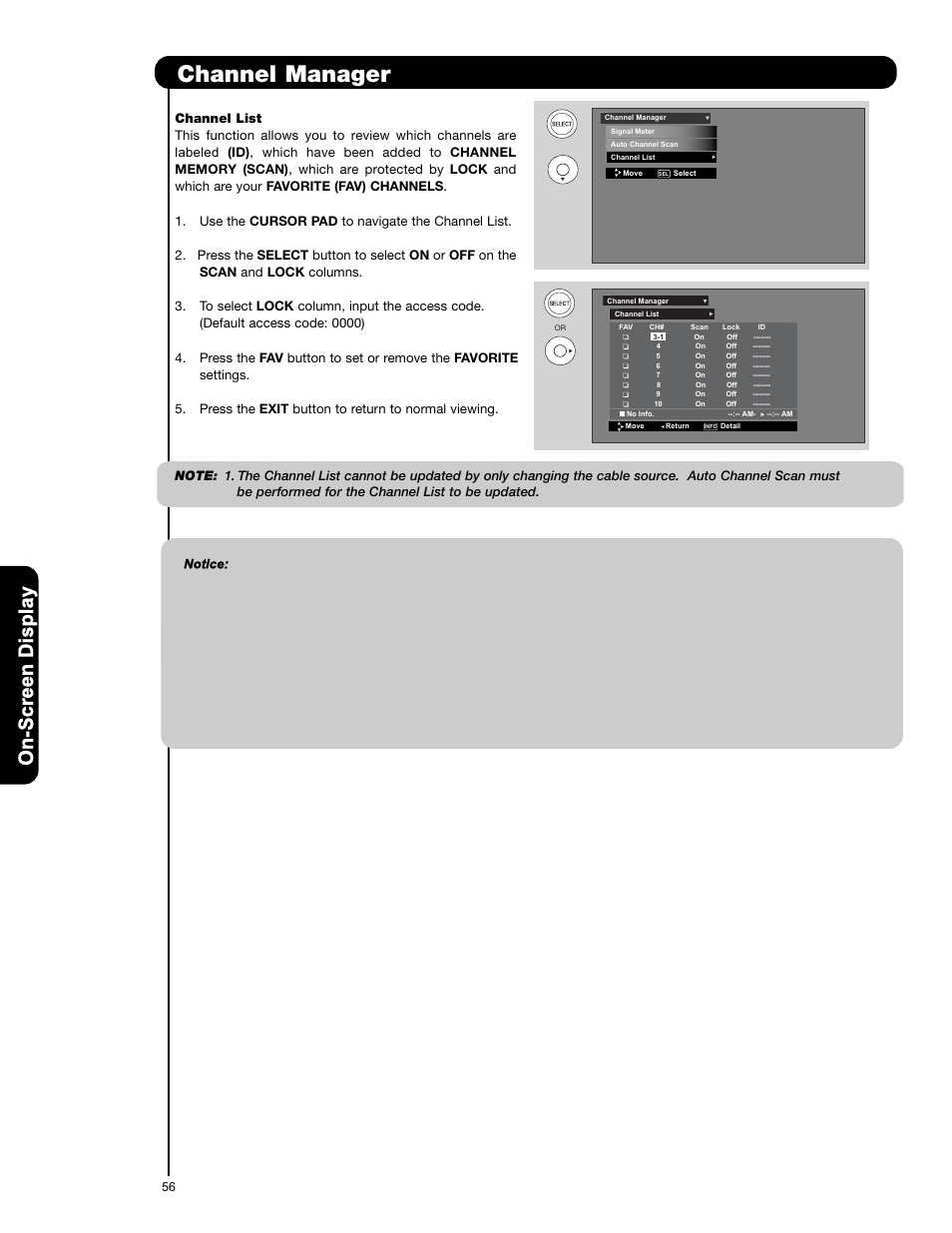 Channel manager, On-scr een display | Hitachi P50V701 User Manual | Page 56 / 186