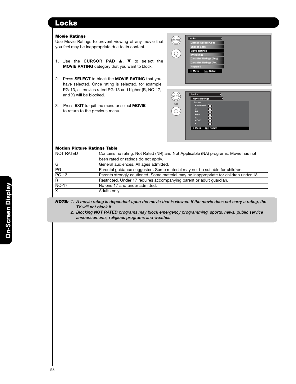 Locks, On-screen display | Hitachi P50V701 User Manual | Page 58 / 186