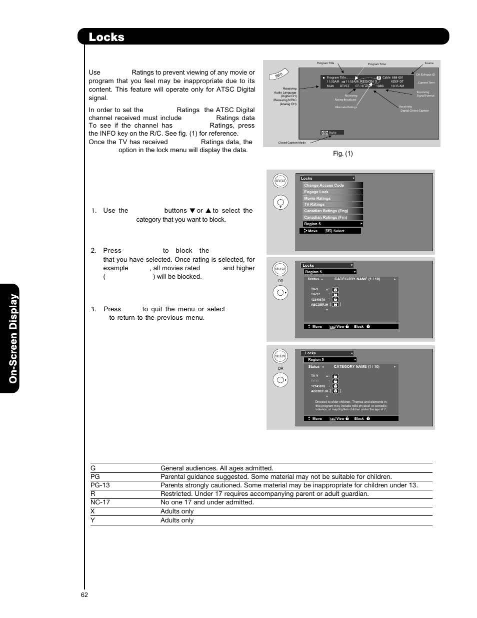 Locks, On-scr een display, Alternate ratings (example only) | Hitachi P50V701 User Manual | Page 62 / 186