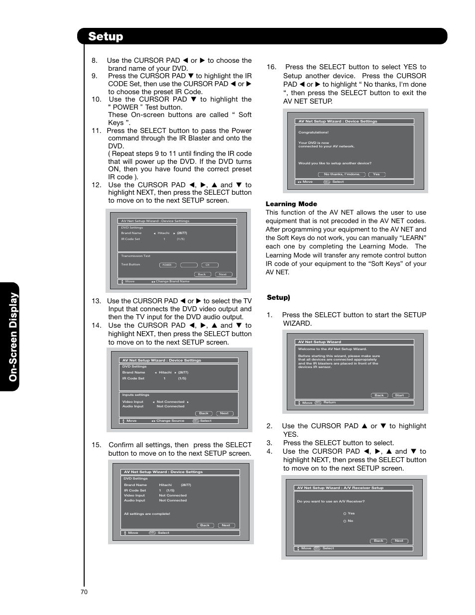 Setup | Hitachi P50V701 User Manual | Page 70 / 186