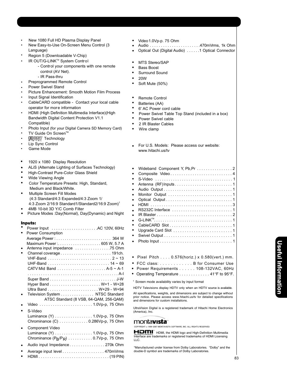 Features and specifications, Us e fu l in fo rm a ti o n l | Hitachi P50V701 User Manual | Page 83 / 186