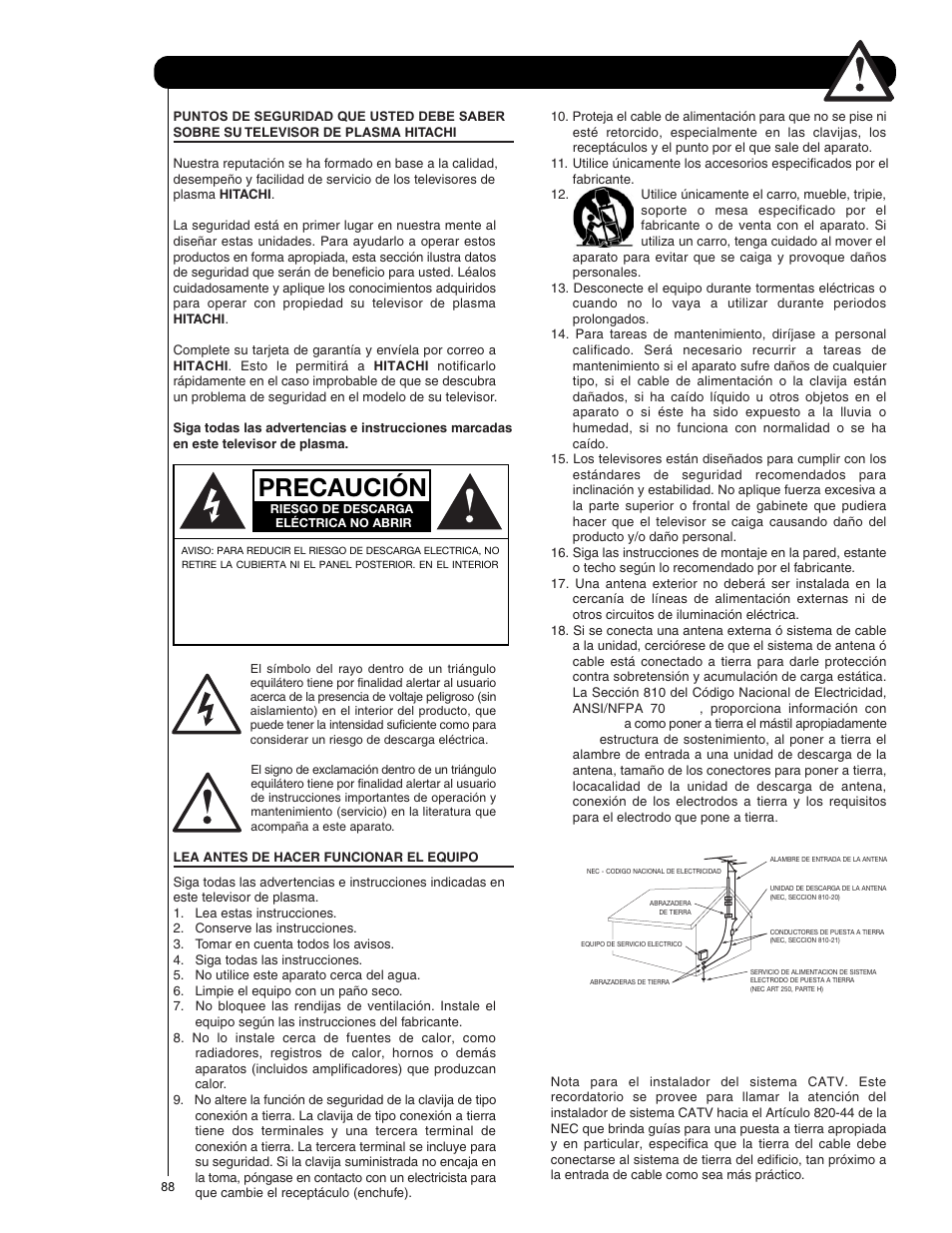 Precaución, Instrucciones importantes de seguridad | Hitachi P50V701 User Manual | Page 88 / 186