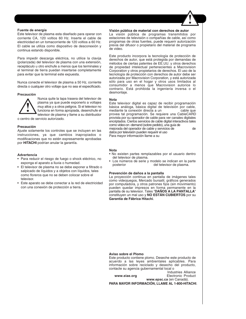 Instrucciones importantes de seguridad | Hitachi P50V701 User Manual | Page 89 / 186