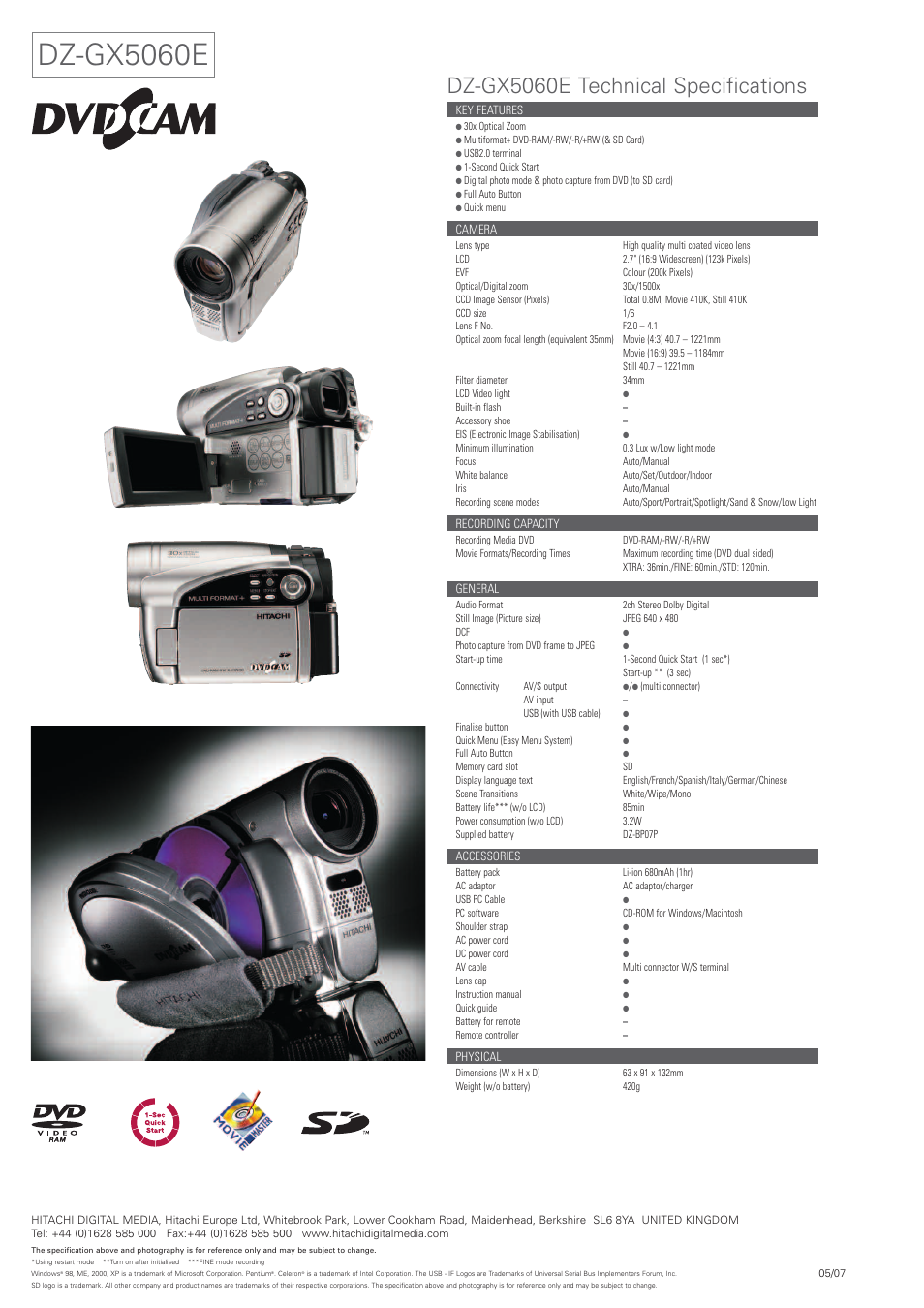 Dz-gx5060e, Dz-gx5060e technical specifications | Hitachi DZ-GX5060E User Manual | Page 2 / 2