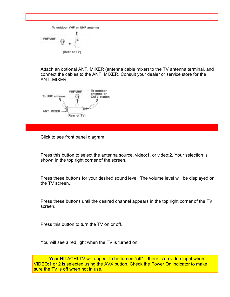 Front panel controls | Hitachi 46EX3B User Manual | Page 12 / 38