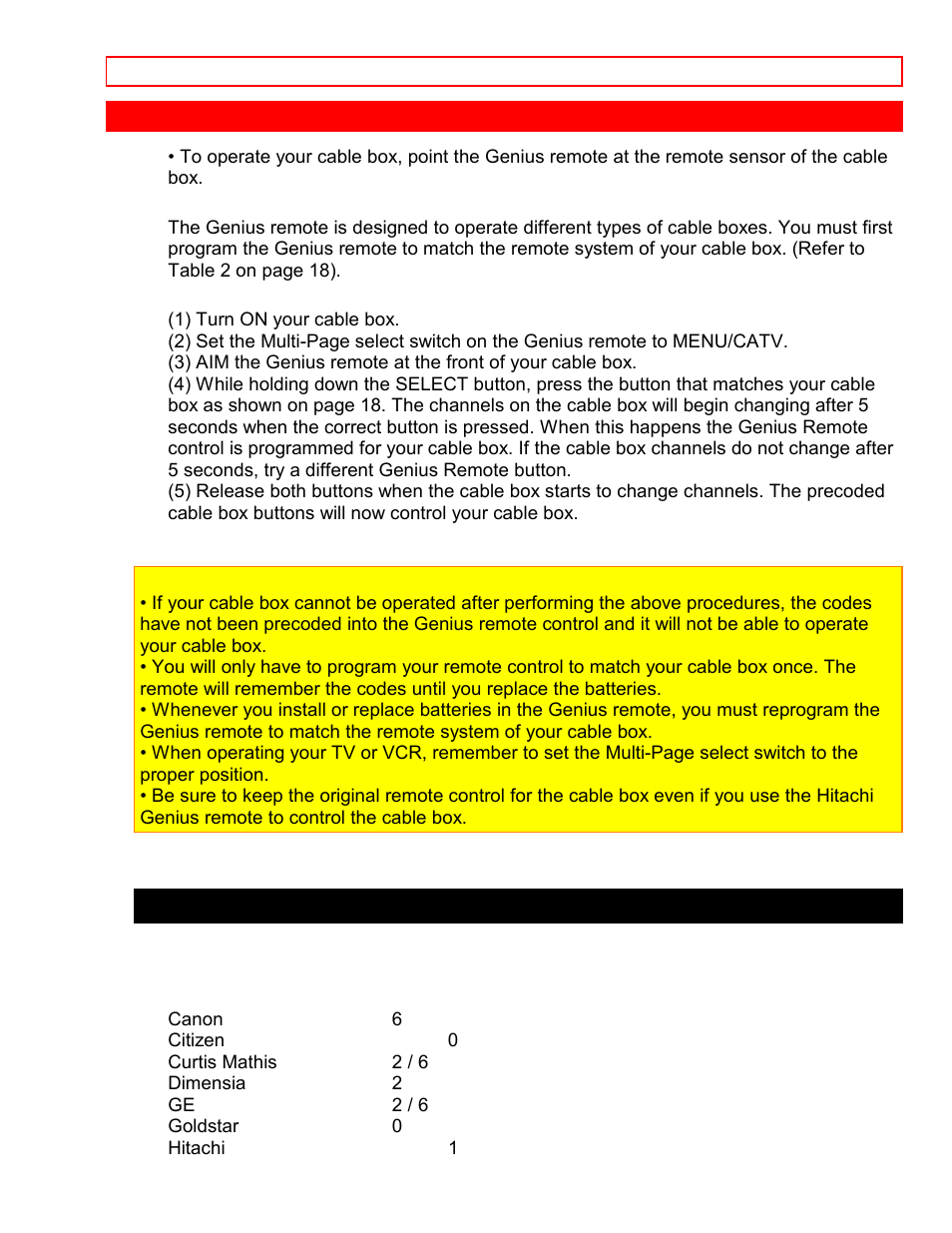 Table 1. vcr precoded remote controls | Hitachi 46EX3B User Manual | Page 18 / 38