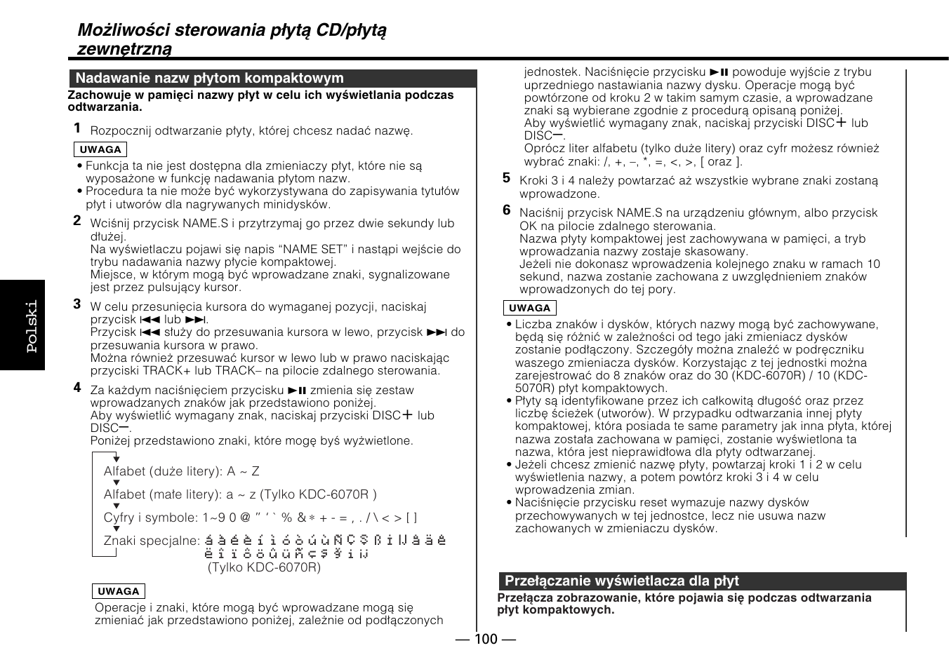 Możliwości sterowania płytą cd/płytą zewnętrzną | Kenwood KDC-5070R User Manual | Page 100 / 116