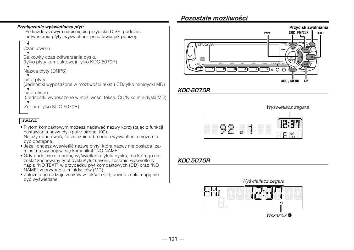 Pozostałe możliwości, T e x t, Wyświetlacz zegara wskaźnik £ wyświetlacz zegara | Kenwood KDC-5070R User Manual | Page 101 / 116