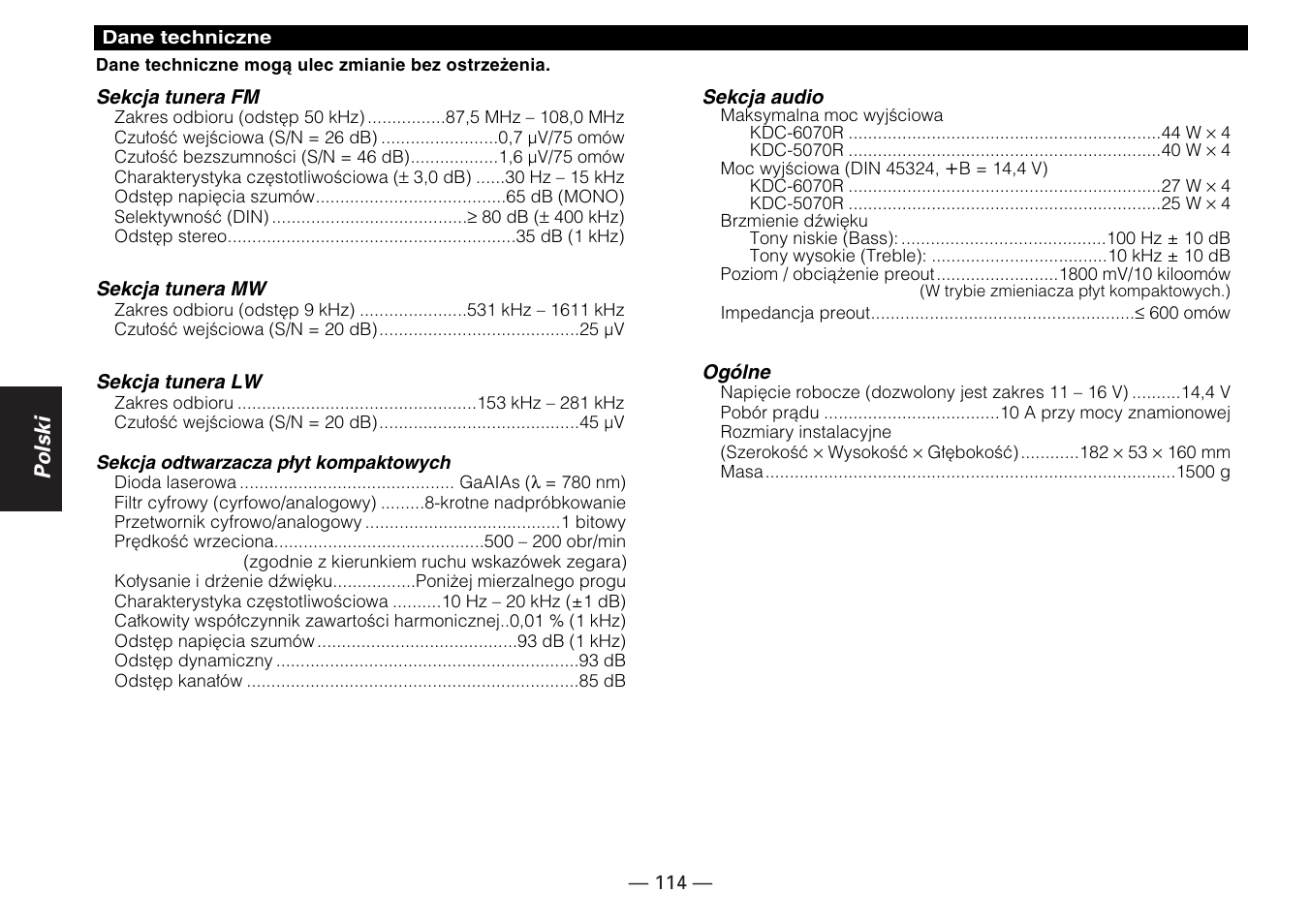 Polski | Kenwood KDC-5070R User Manual | Page 114 / 116