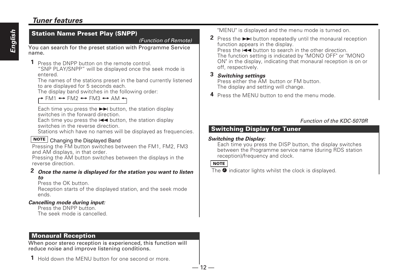 Tuner features, English | Kenwood KDC-5070R User Manual | Page 12 / 116