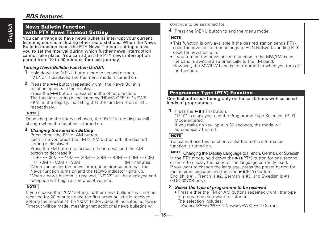 Rds features, English | Kenwood KDC-5070R User Manual | Page 16 / 116