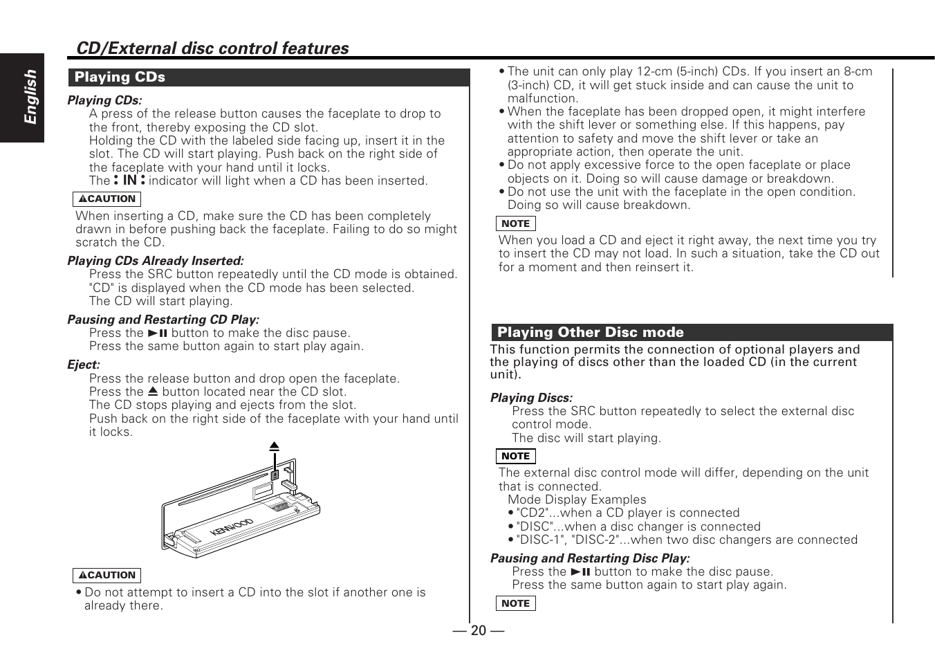 Cd/external disc control features, English | Kenwood KDC-5070R User Manual | Page 20 / 116