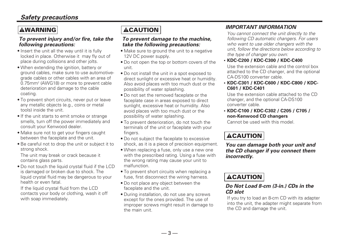 Safety precautions, 2 warning, 2 caution | Kenwood KDC-5070R User Manual | Page 3 / 116