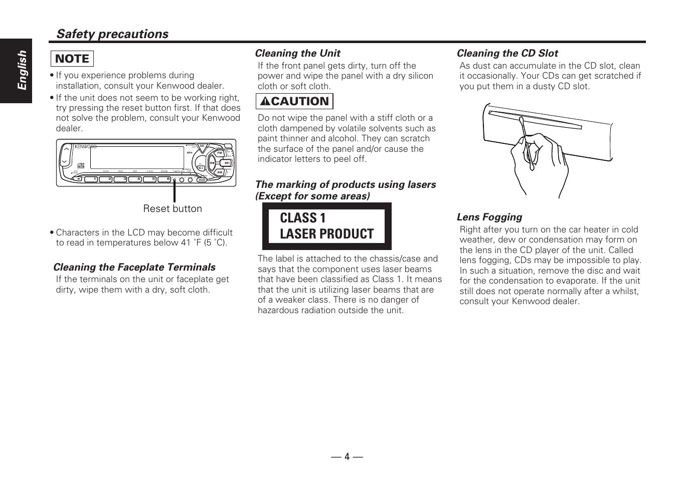 Class 1 laser product, Safety precautions, English | 2 caution, Cleaning the faceplate terminals, Cleaning the unit, Cleaning the cd slot, Lens fogging, T e x t, Reset button | Kenwood KDC-5070R User Manual | Page 4 / 116