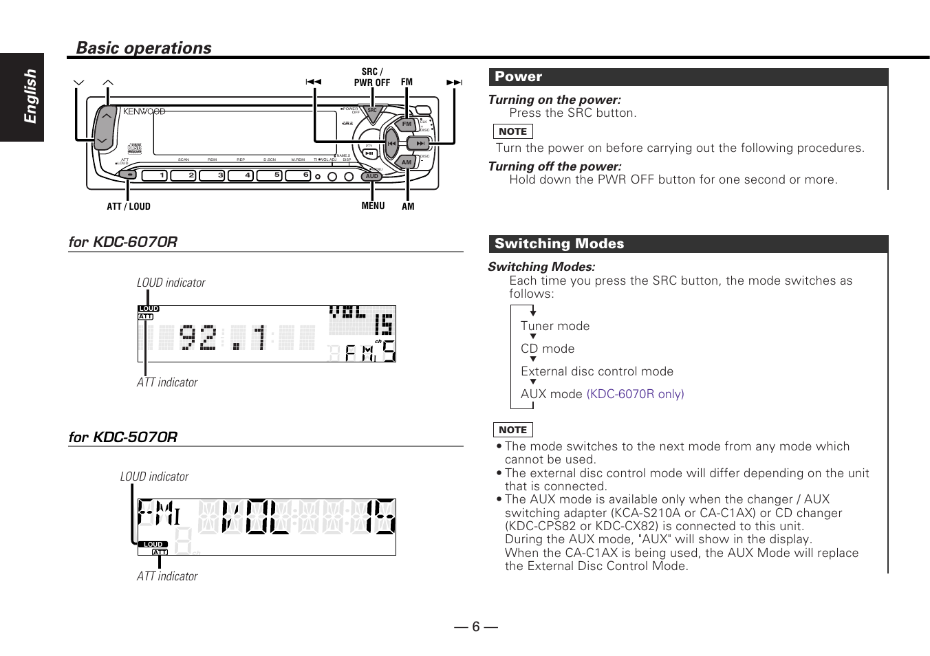 Basic operations, English, Switching modes | Power, T e x t | Kenwood KDC-5070R User Manual | Page 6 / 116