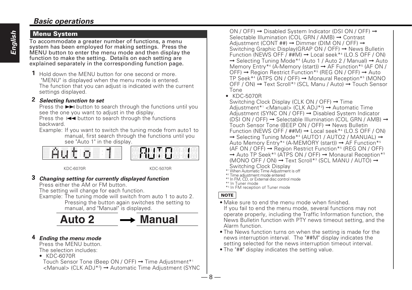 Auto 2 manual, Basic operations, English | Kenwood KDC-5070R User Manual | Page 8 / 116