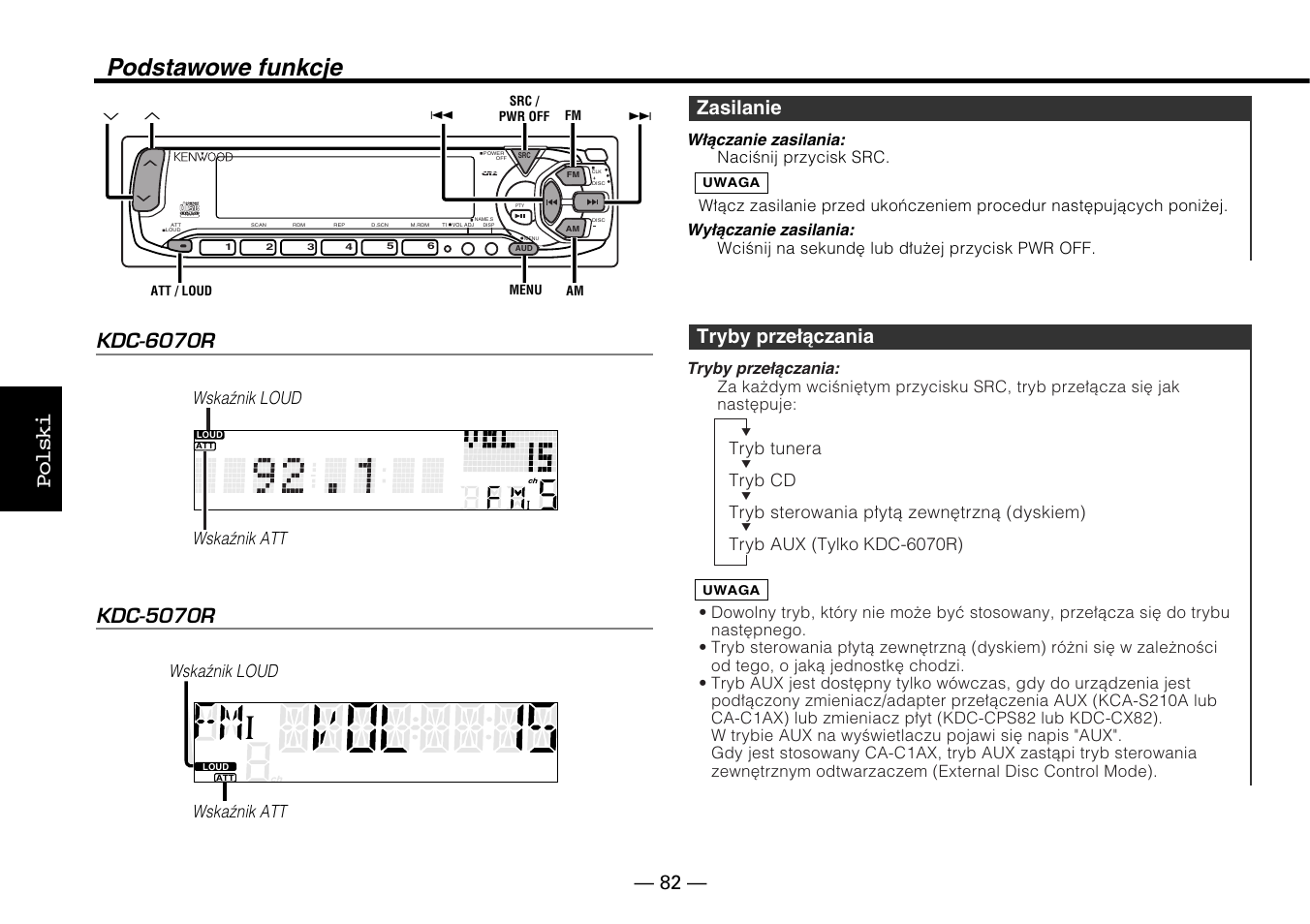 Podstawowe funkcje, Polski, Tryby przełączania | Zasilanie, T e x t | Kenwood KDC-5070R User Manual | Page 82 / 116