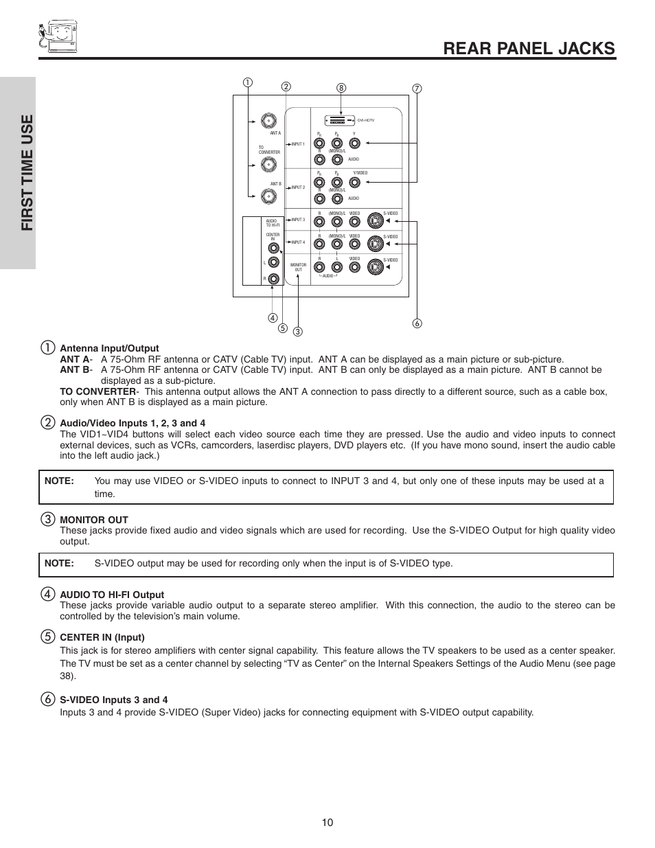 Rear panel jacks, First time use | Hitachi 50C10 User Manual | Page 10 / 72