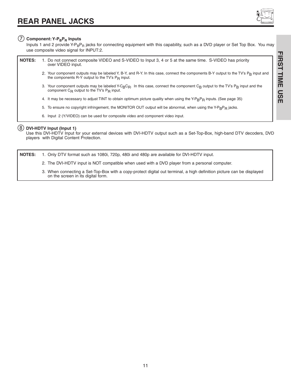 Rear panel jacks, First time use | Hitachi 50C10 User Manual | Page 11 / 72