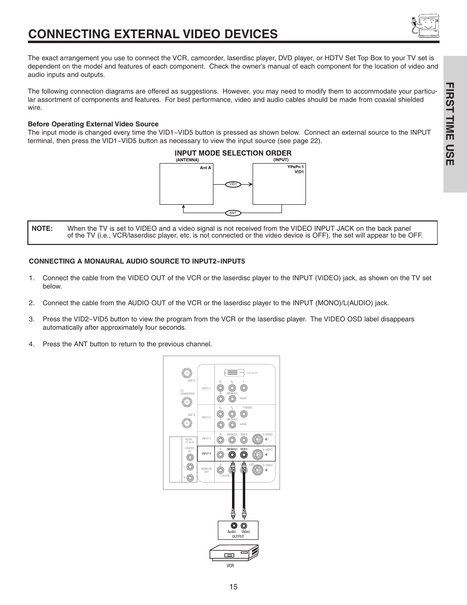 Connecting external video devices, First time use | Hitachi 50C10 User Manual | Page 15 / 72