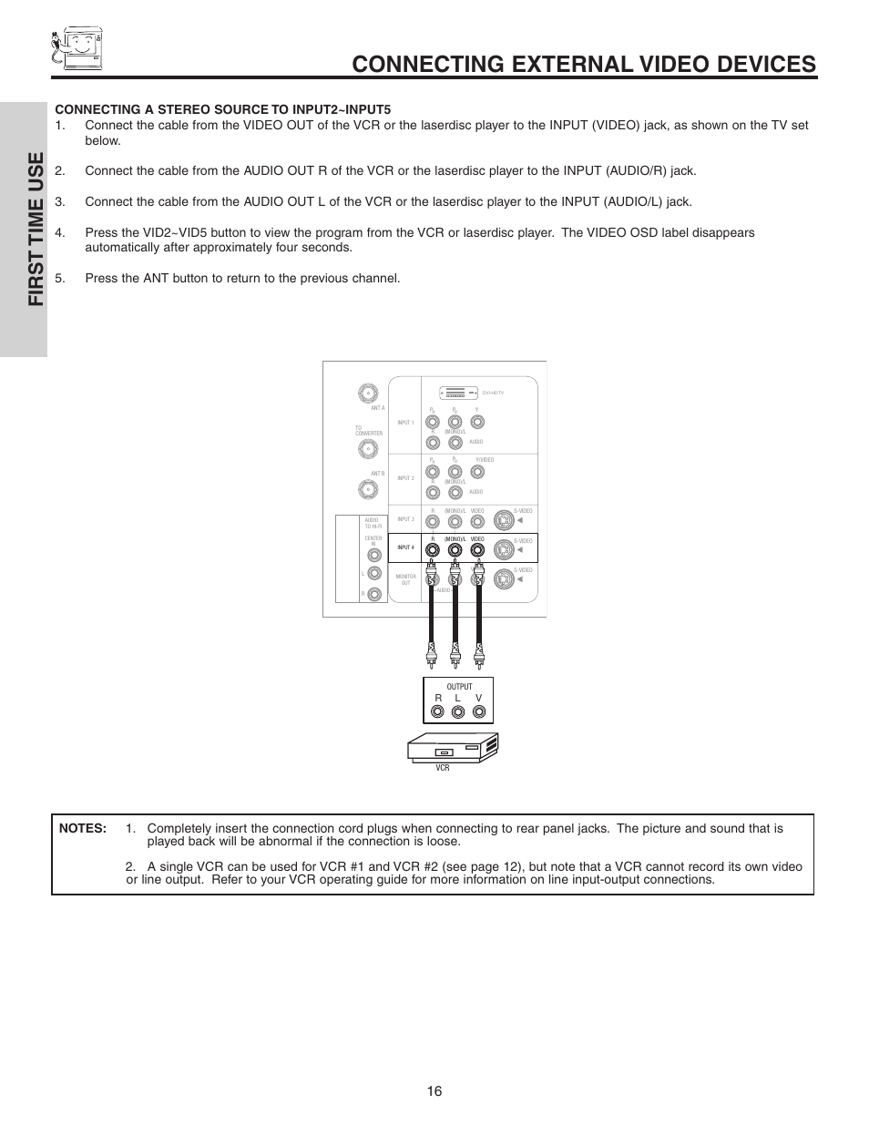 Connecting external video devices, First time use | Hitachi 50C10 User Manual | Page 16 / 72