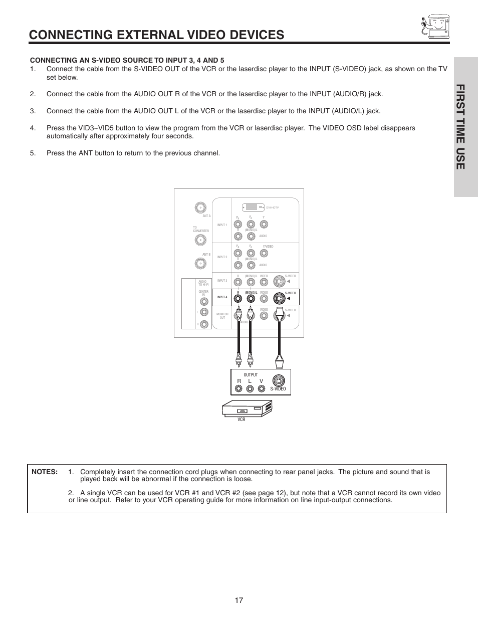 Connecting external video devices, First time use | Hitachi 50C10 User Manual | Page 17 / 72