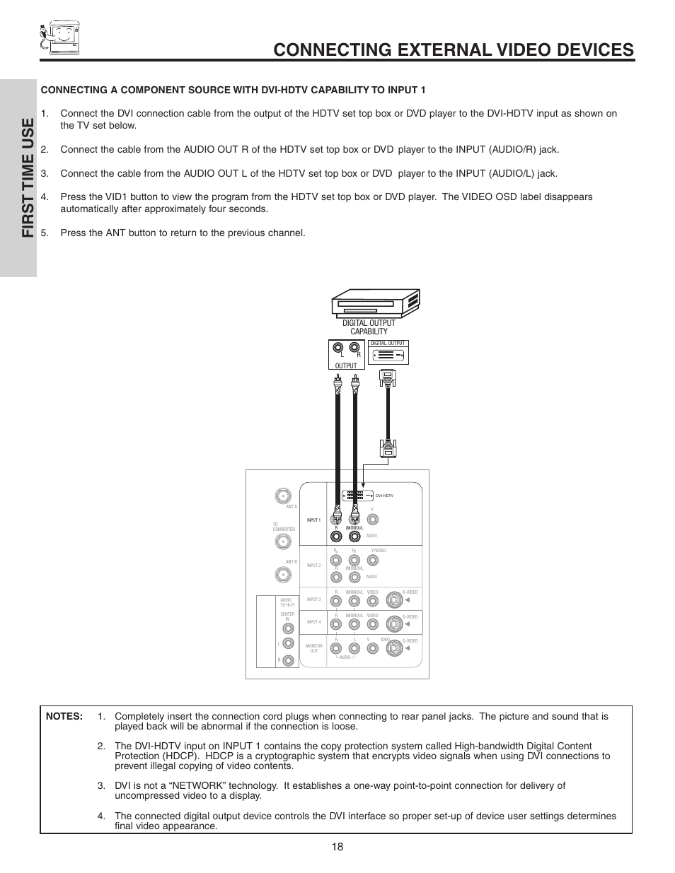 Connecting external video devices, First time use | Hitachi 50C10 User Manual | Page 18 / 72