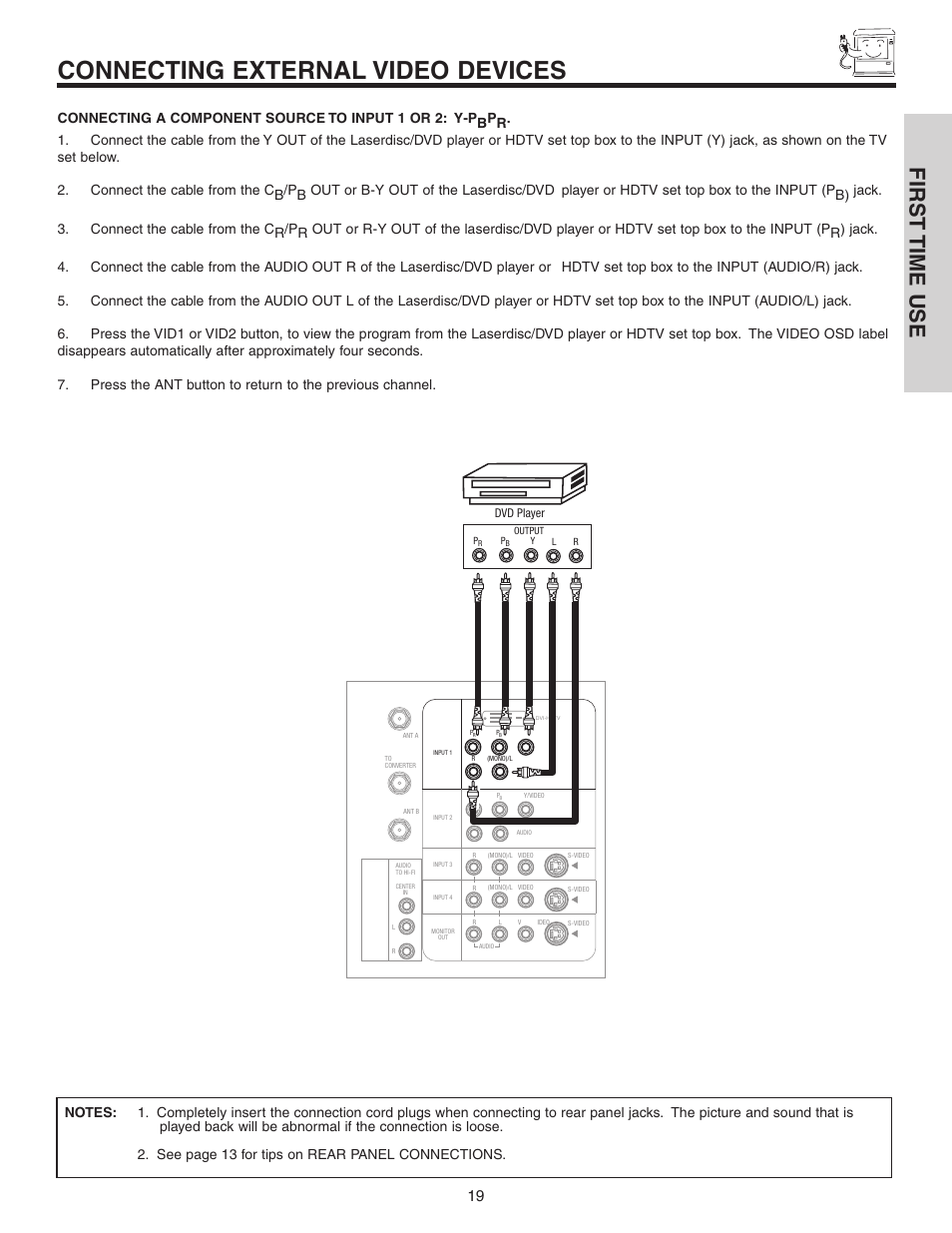 Connecting external video devices, First time use | Hitachi 50C10 User Manual | Page 19 / 72