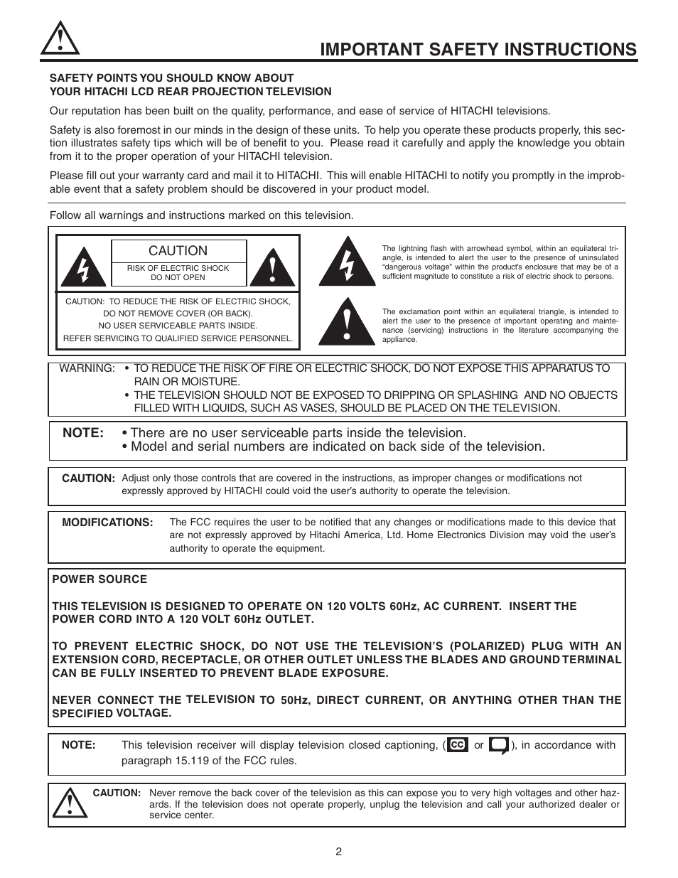 Important safety instructions, Caution | Hitachi 50C10 User Manual | Page 2 / 72